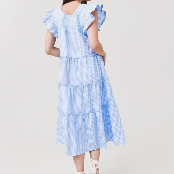 J. MARIE Women's Coco Midi Dress Blue White Gingham Lace Accent Prairie Tier XS - Picture 9 of 9